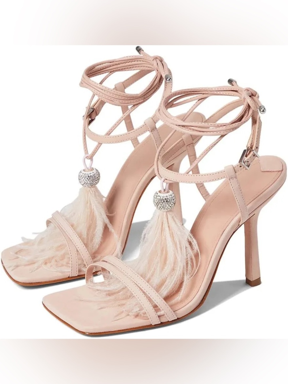 Schutz Feather Tie Heel Nude Strappy Sandals Statement Heels